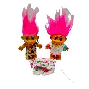 Two Vintage 90's Russ Caveman & Sweater 4" Troll Dolls Pink Hair Extra Dress